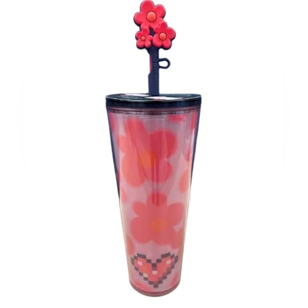 Starbucks 2025 Valentine's Day Pink Floral Cold Cup with a Heart Straw Topper